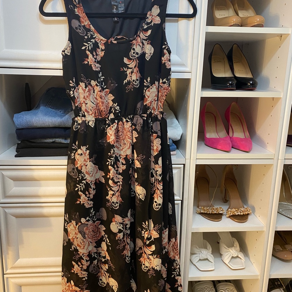 Fun & Flirt Black and Peach Floral Midi Dress